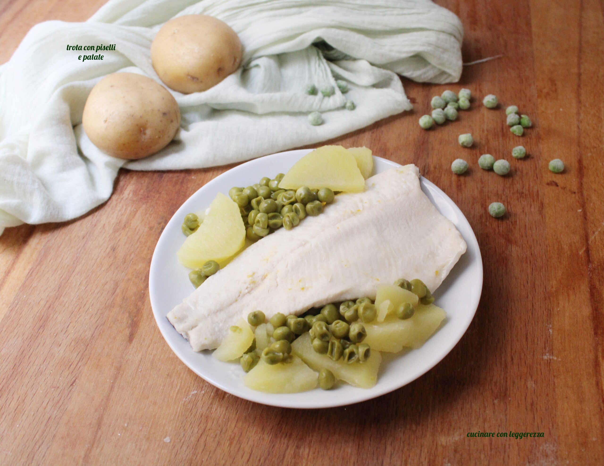 Trota con piselli e patate