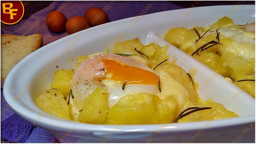 Uova e patate con mozzarella cotte in forno