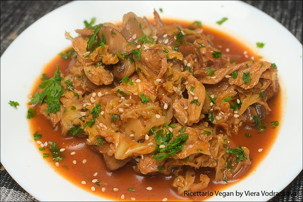 Yuba con portobello e verza alle mandorle