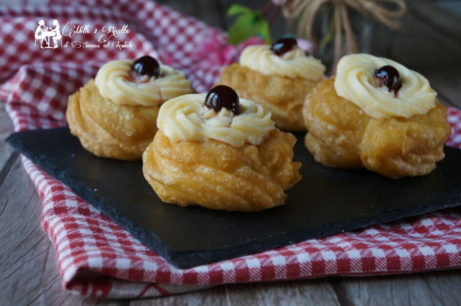 Zeppole con crema pasticcera ad un uovo e amarena