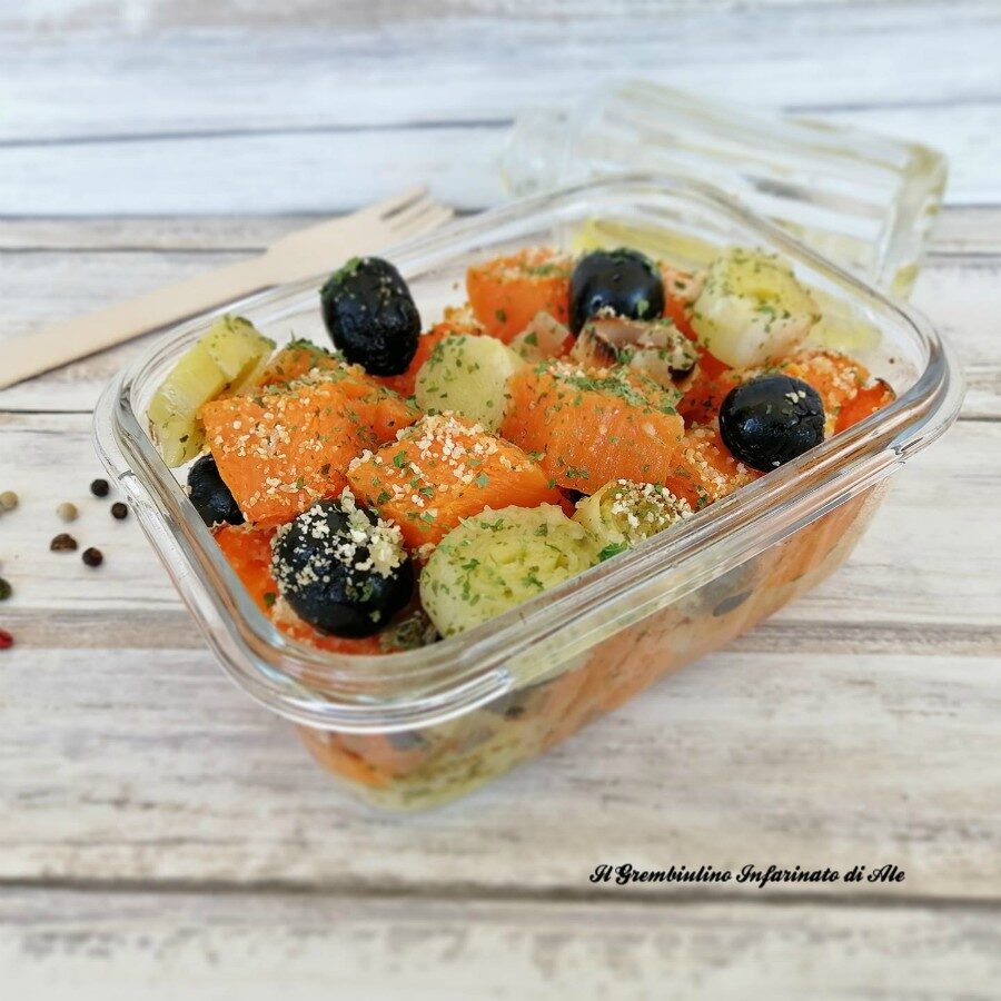 Zucca al forno con olive nere e porri