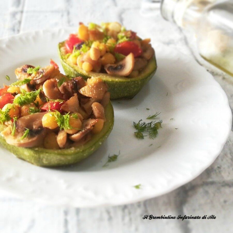 Zucchine tonde con funghi e ceci