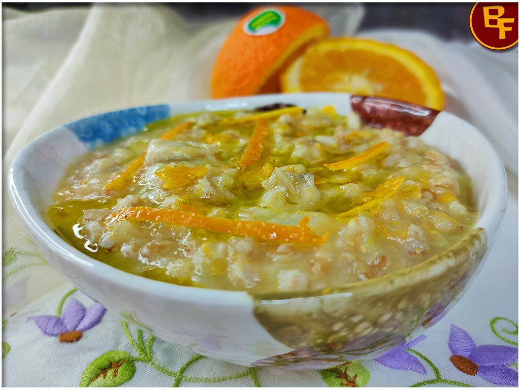Zuppa all’arancia con farro e funghi