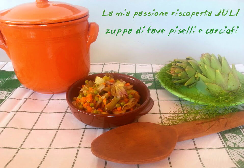 Zuppa di fave piselli carciofi, finocchietto selvatico olio di oliva