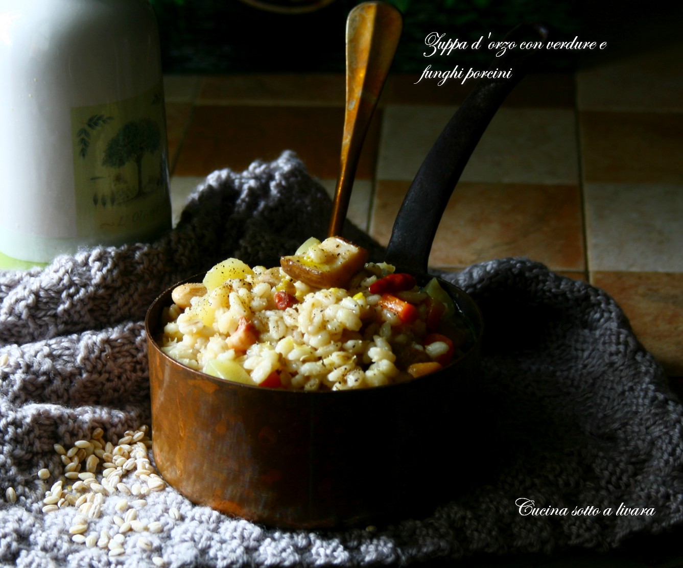 Zuppa d’orzo toscano del colle con verdure e funghi porcini