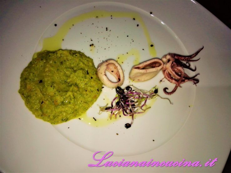 Calamaretti, crema di carote e zucchine