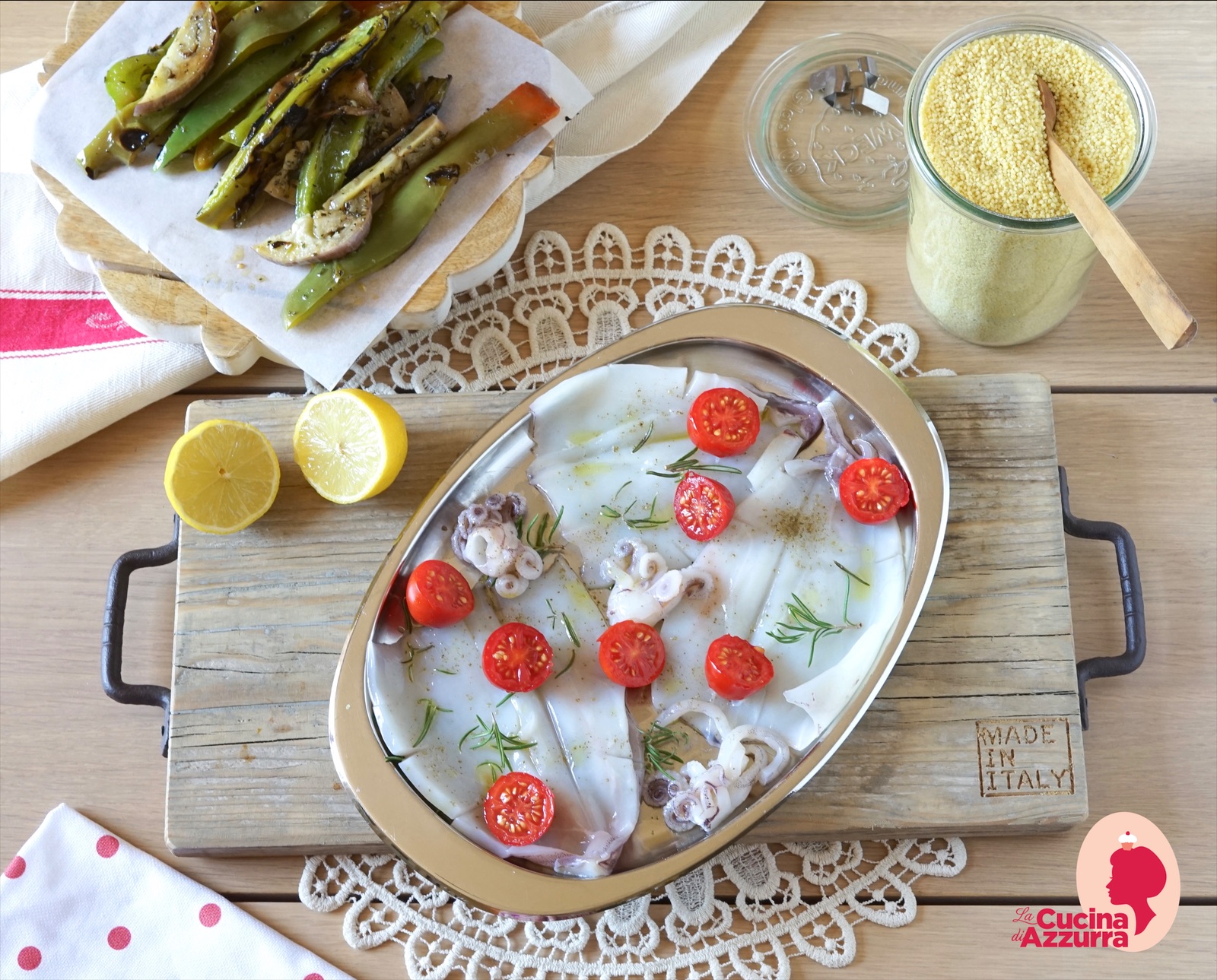 Cous cous verdure grigliate e calamari in forno