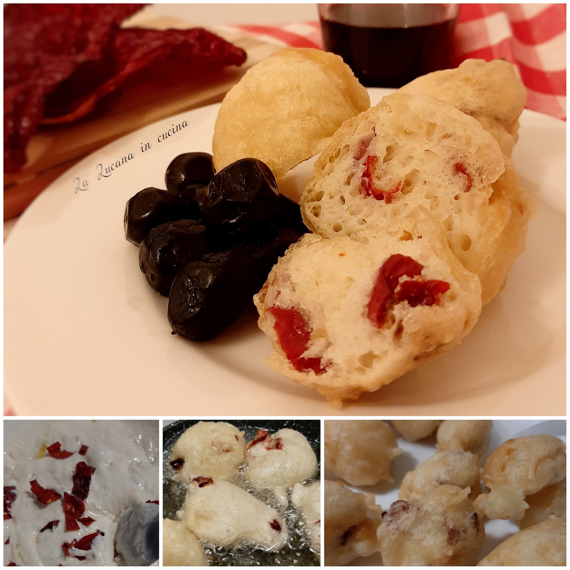 Frittelle con peperoni cruschi e olive nere