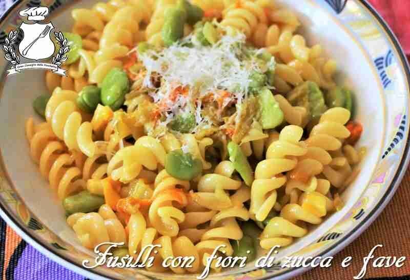 Fusilli con fiori di zucca, fave, pecorino e zafferano