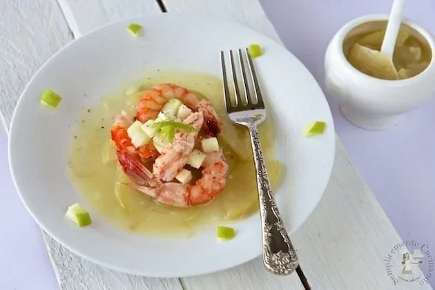 Gamberoni rossi al vapore in salsa di mela verde