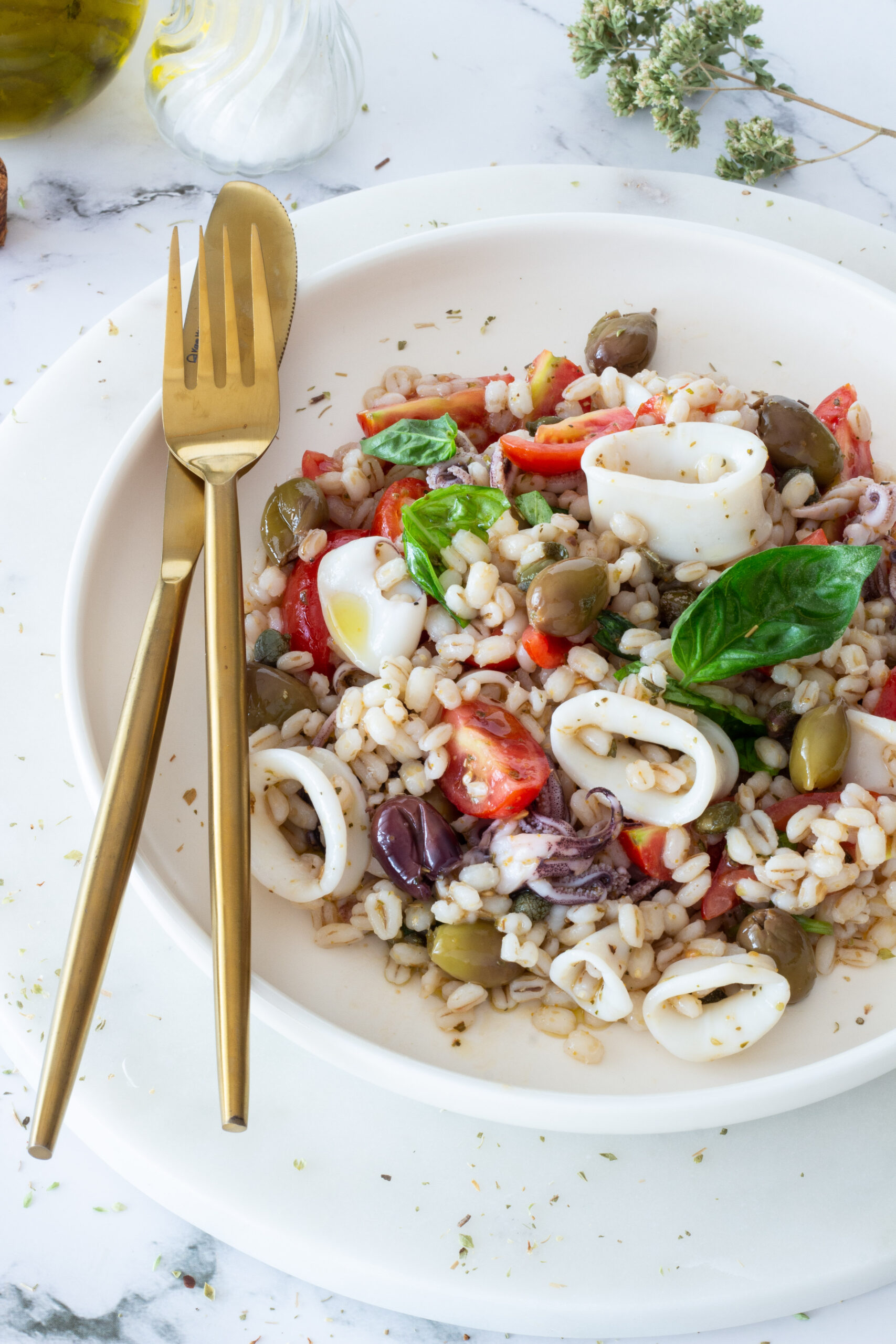 Insalata d’orzo con ciuffi di calamaro, pomodorini, olive aromatizzata al basilico