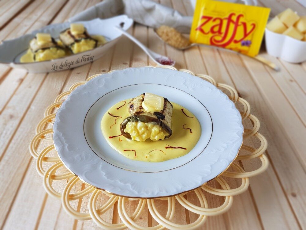 Involtini di melanzane ripieni di risotto al latte e zafferano
