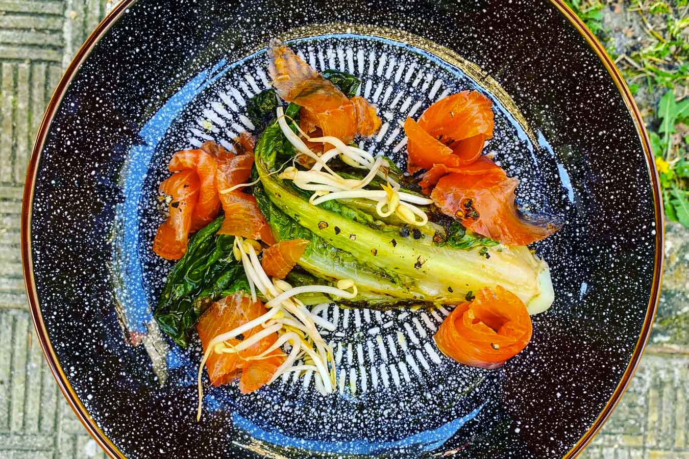 Lattuga romana brasata e salmone marinato