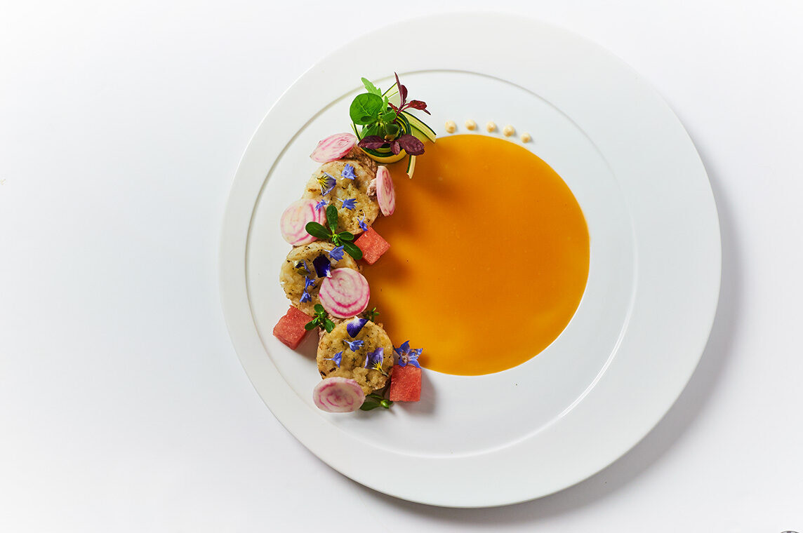 Mi fido di te, gazpacho di carote e pesche, riso e fagioli lattofermentati