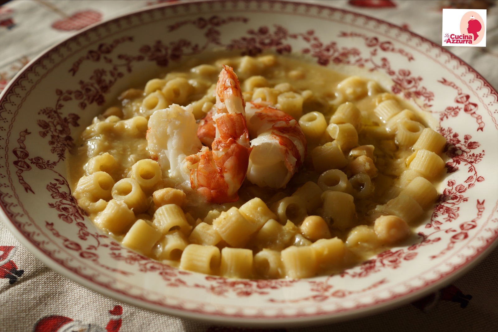 Pasta coi ceci e gamberoni al vapore