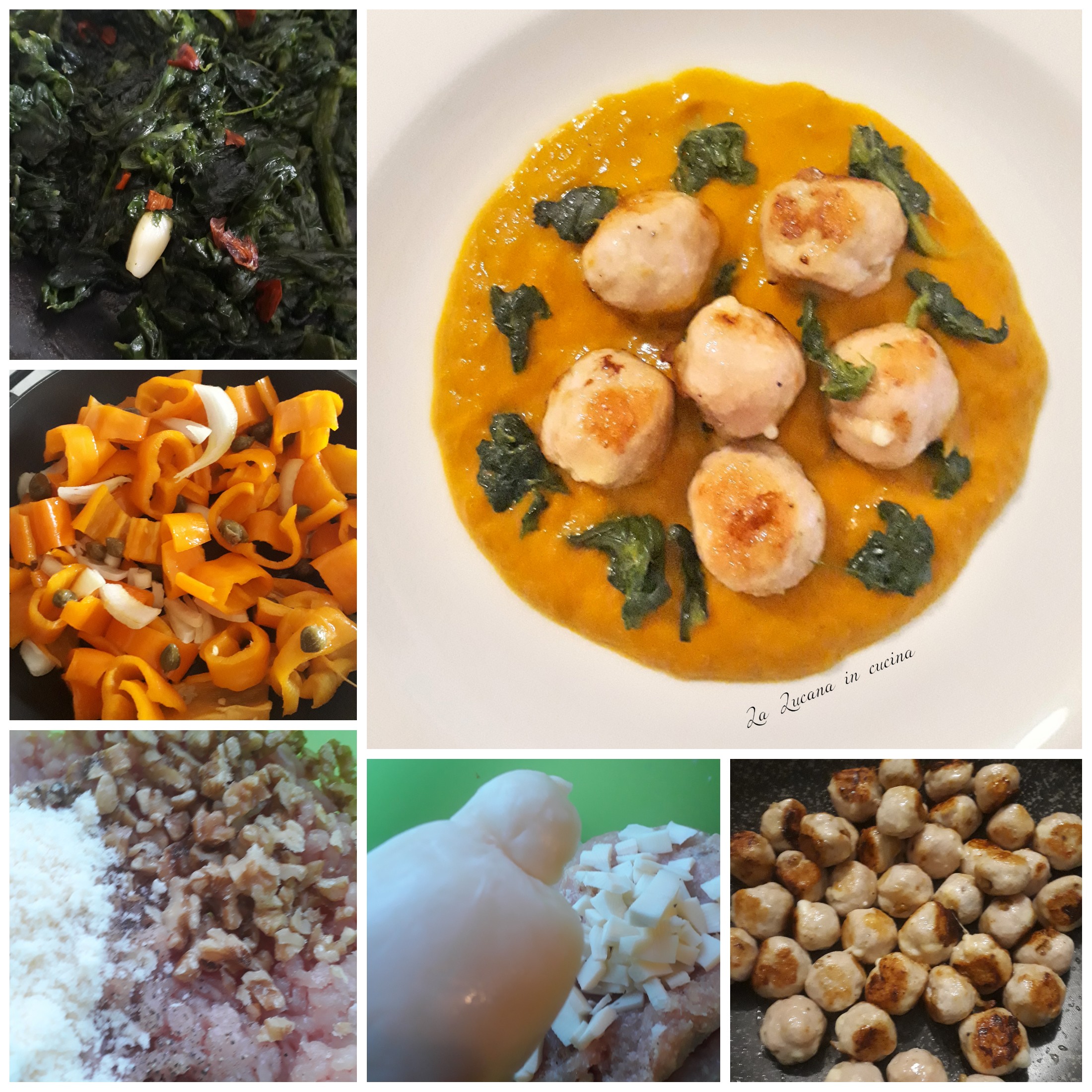 Polpette di tacchino e noci con crema di peperoni