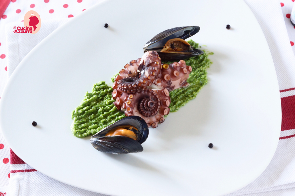POLPO ALL’ACETO CON PESTO DI RUCOLA E COZZE…