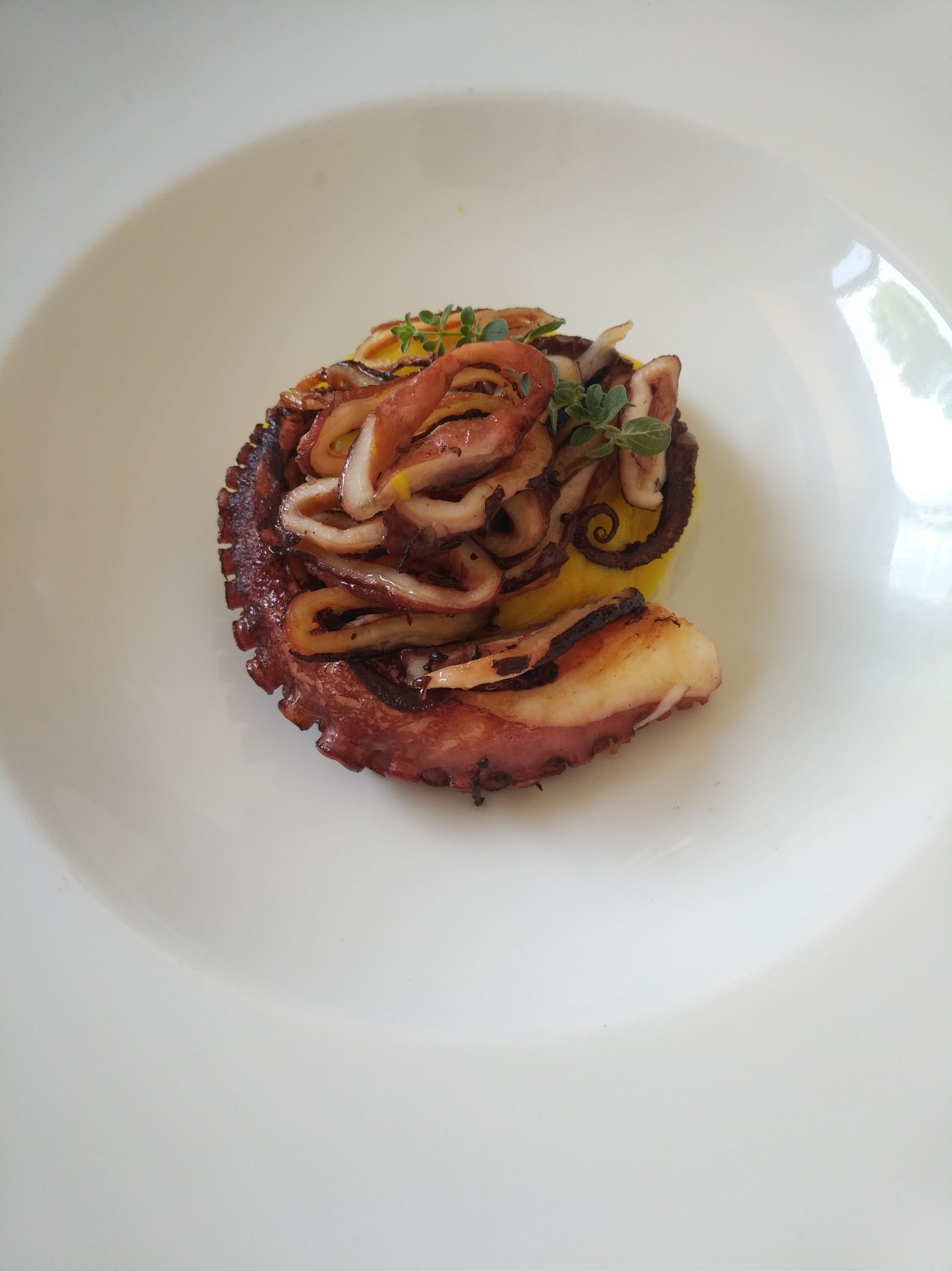 Polpo croccante su crema di patate alla curcuma