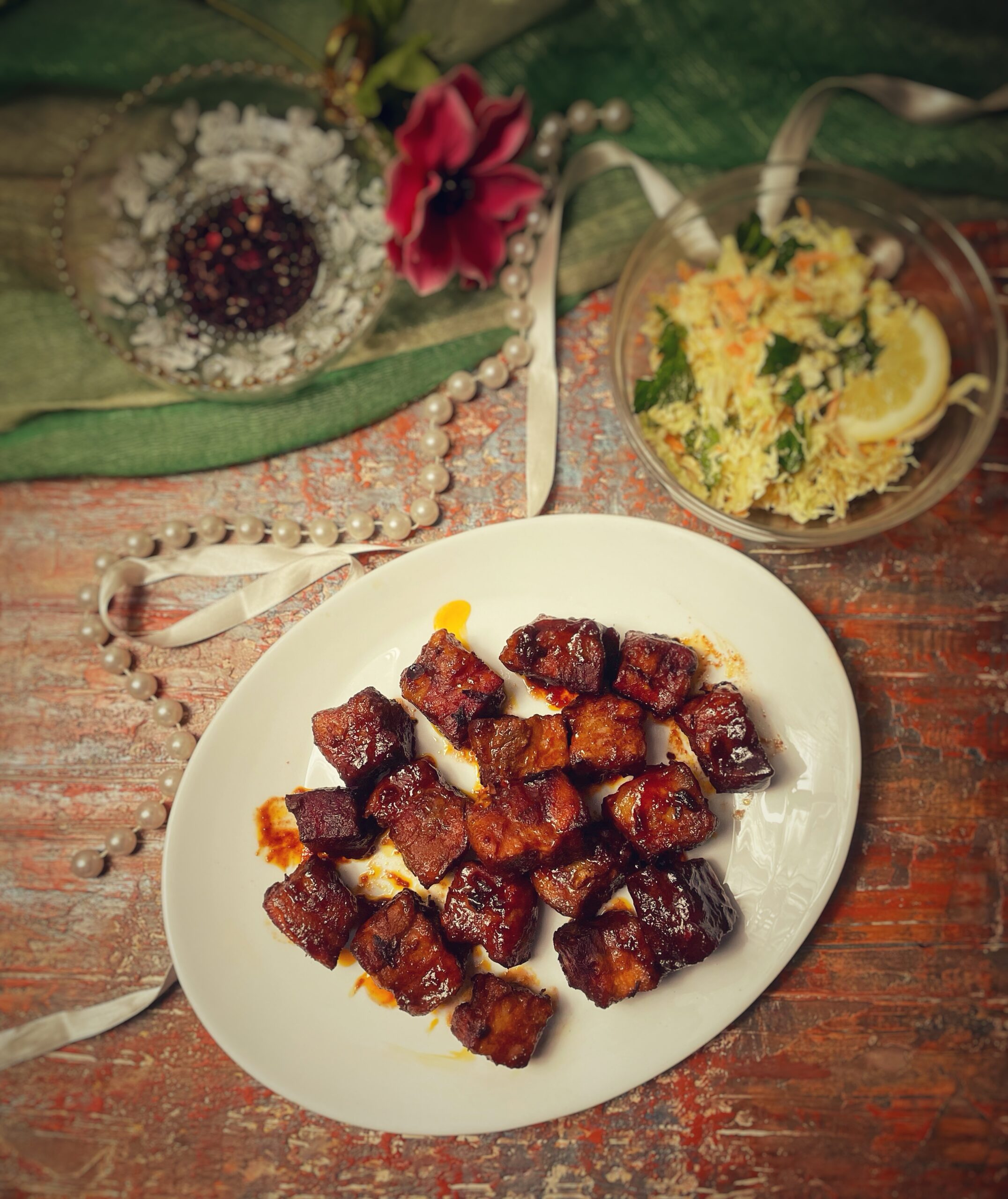 Pork belly burnt ends con salsa bbq all’ibisco