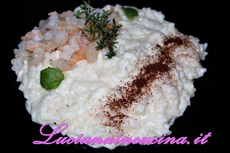 Risotto alla burrata con tartare di gambero e fave di cacao