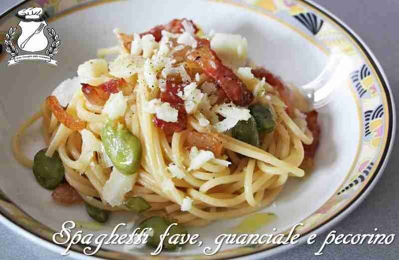 Spaghetti con fave, guanciale e pecorino