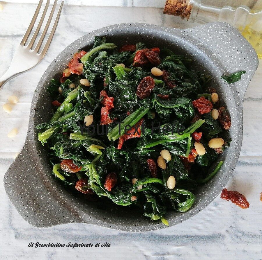 Spinaci alla siciliana con uvetta, pinoli e pomodori secchi
