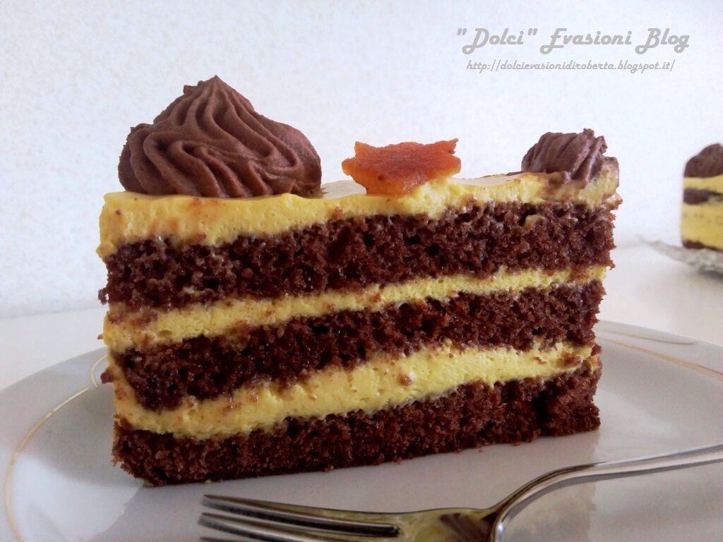 Torta zabaione chantilly, namelaka al cioccolato e arancia
