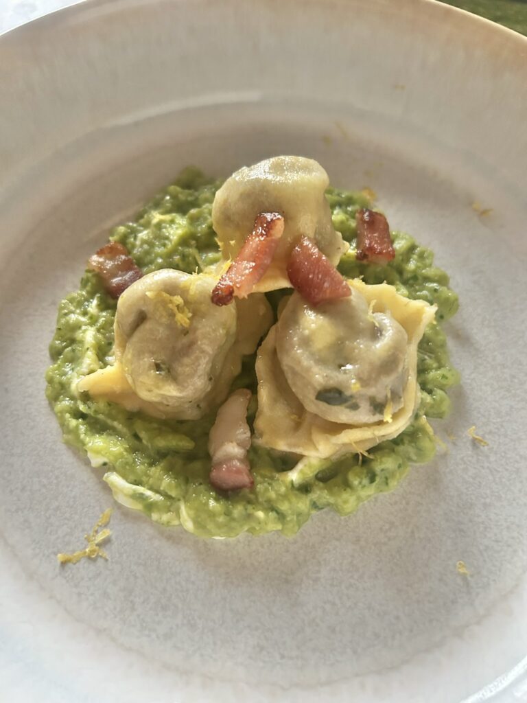 Tortelli ripieni su crema di zucchine e speck croccante