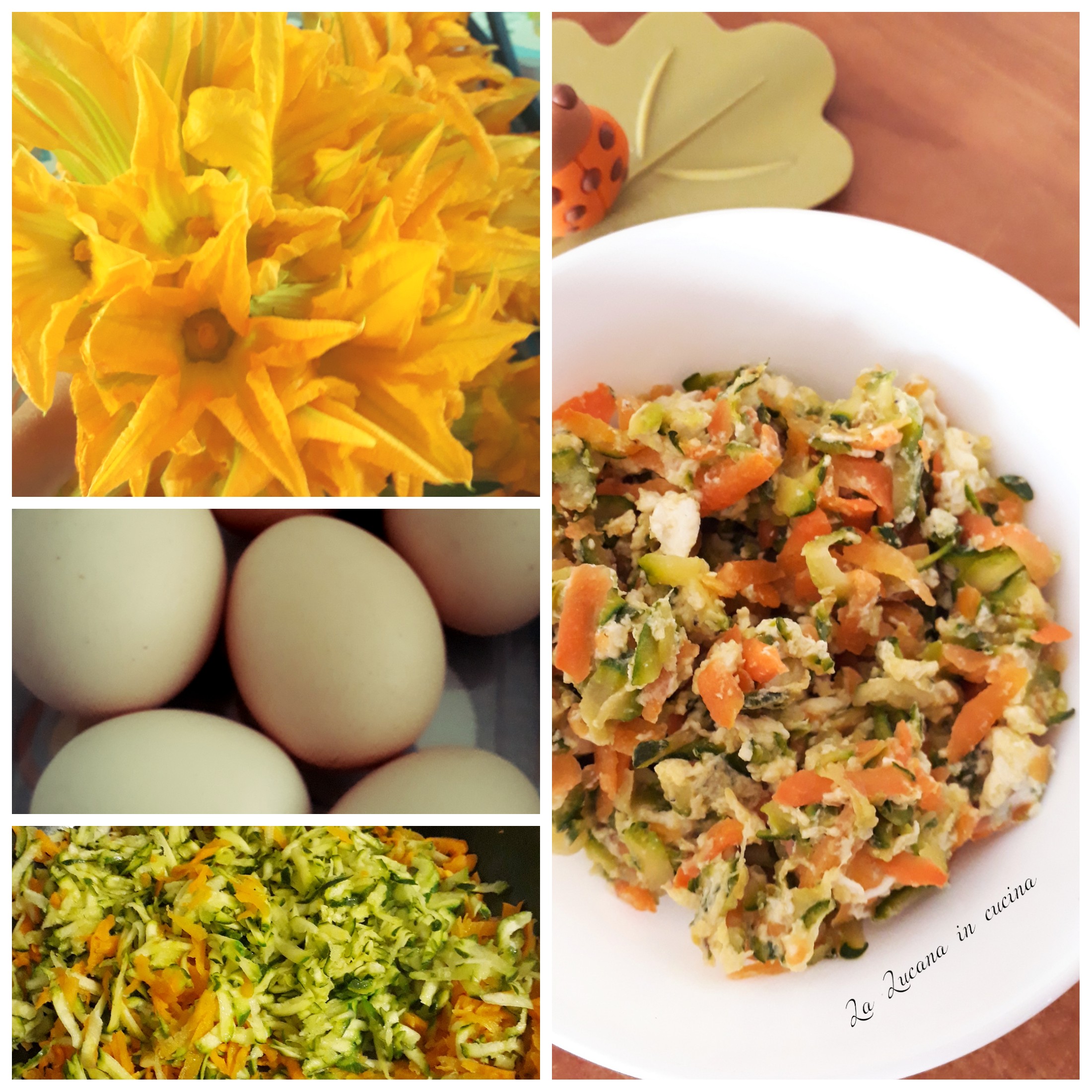 Uova strapazzate con zucchine, fiori di zucca e carote