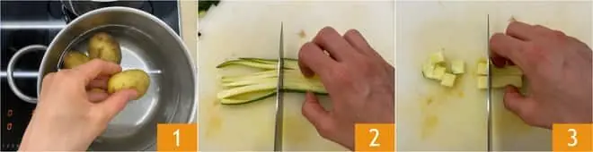 Branzino gratinato con pomodori, patate e zucchine
