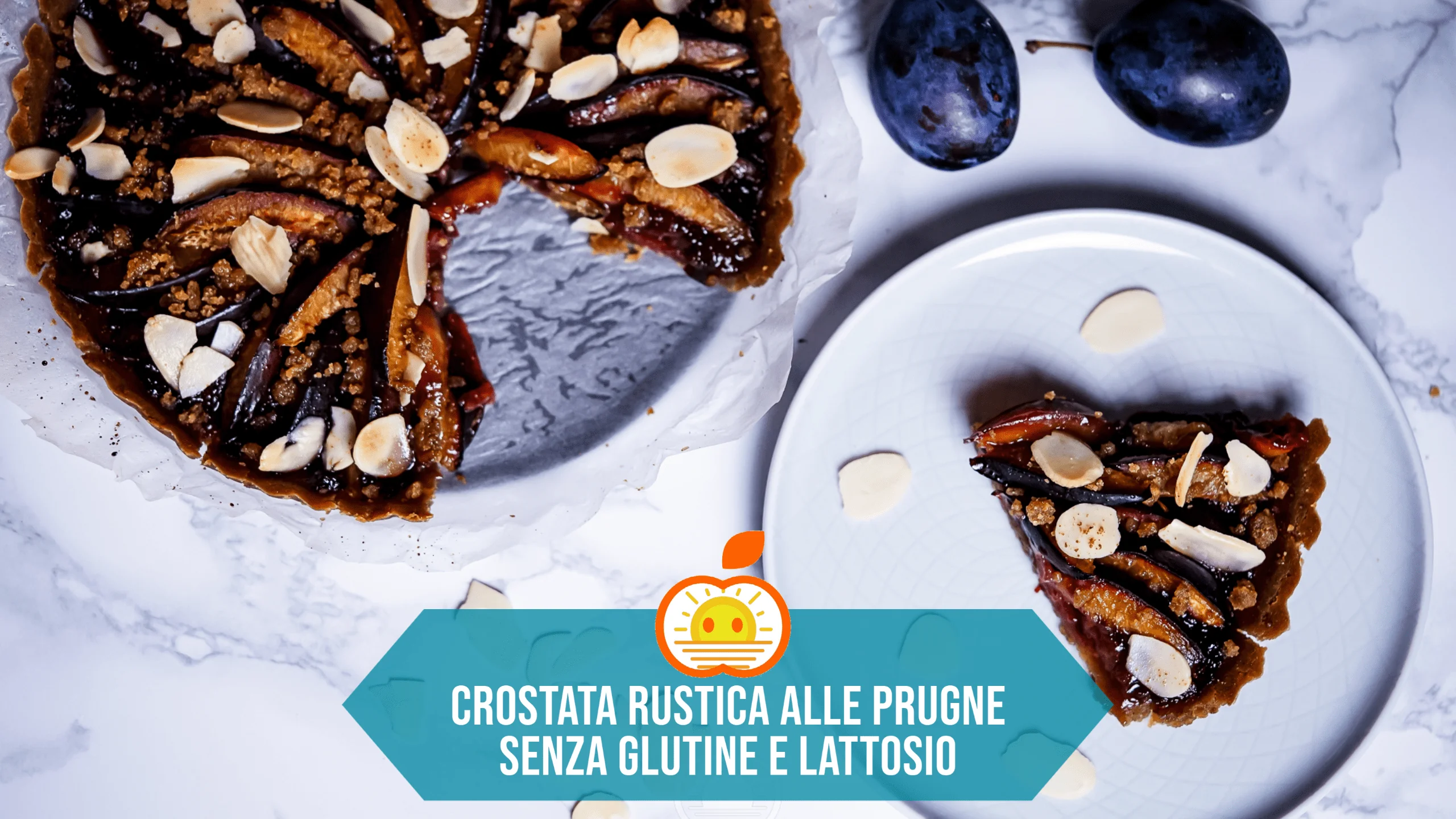 Crostata rustica senza glutine alle prugne, scaglie di mandorla e crumble