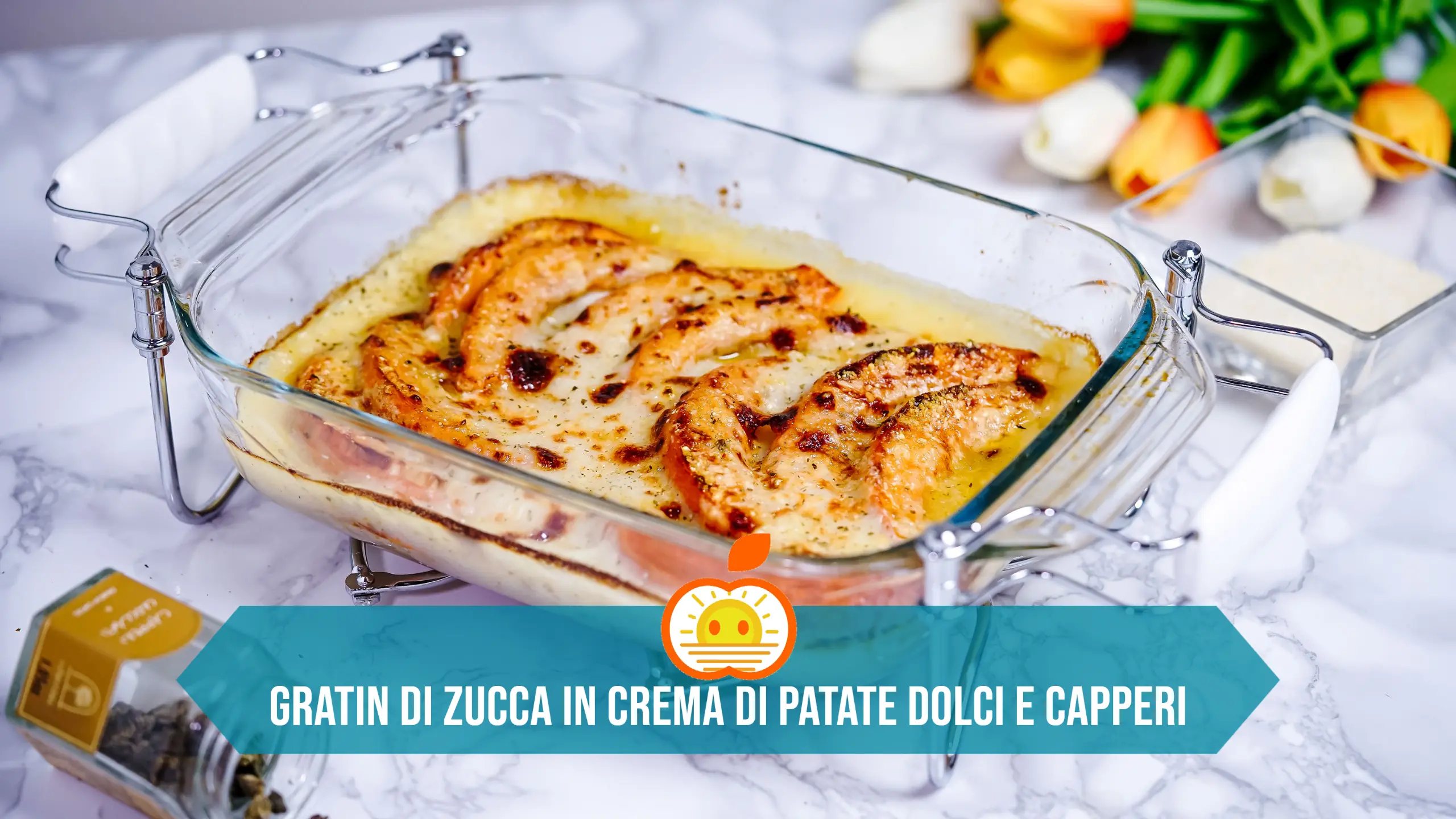 Gratin di zucca in crema di patate dolci e capperi croccanti