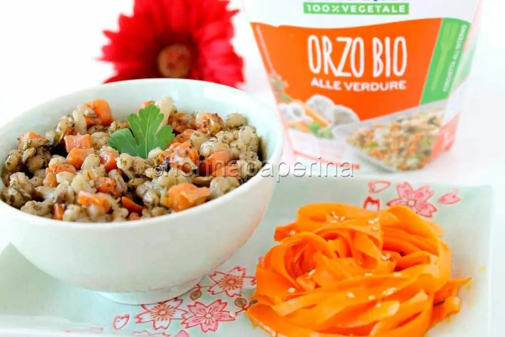 Orzo bio alle verdure con insalata di carote al sesamo