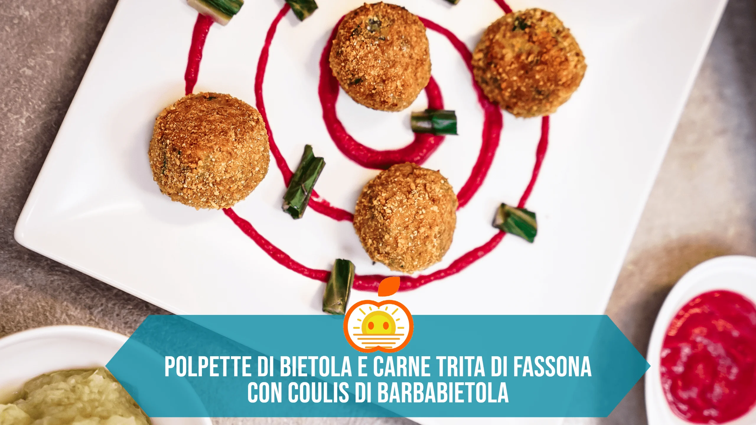 Polpette di bietola e carne trita di fassona con coulis di barbabietola e purè