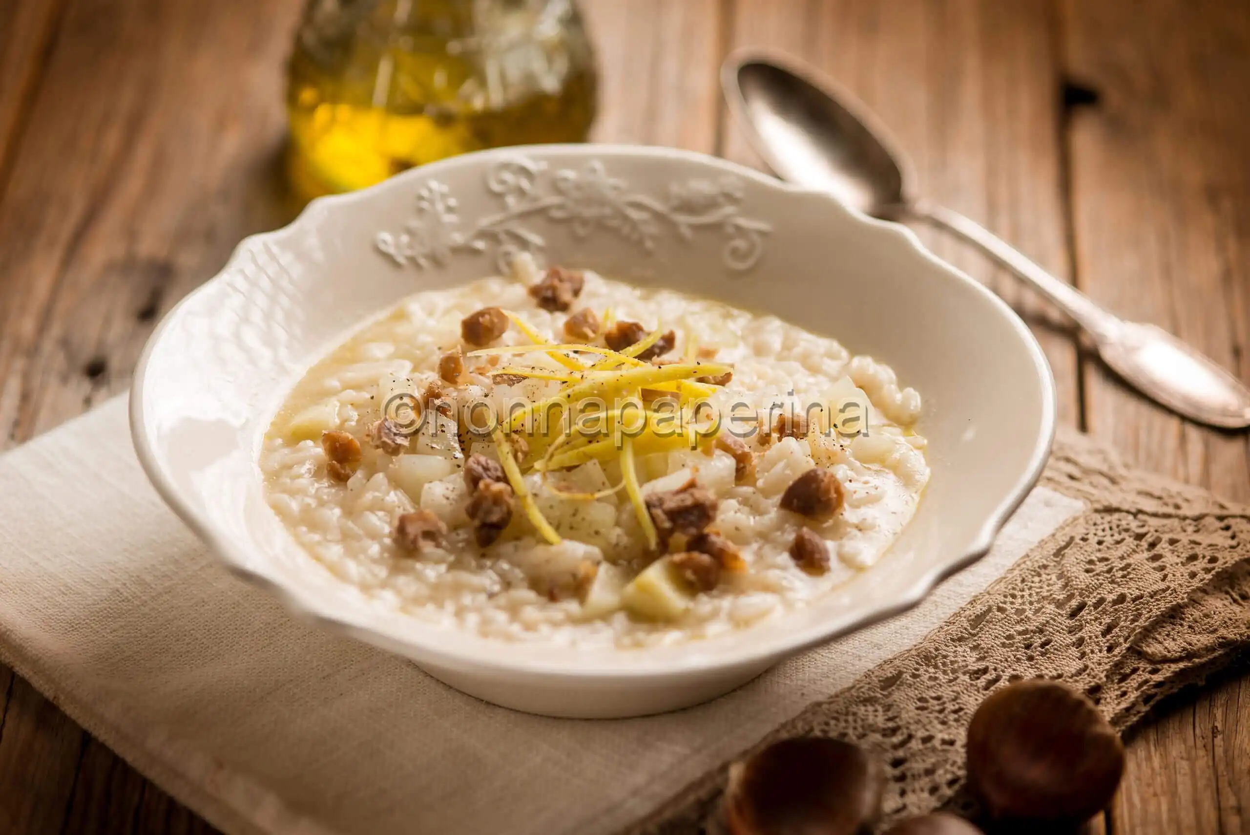 Risotto finocchio e rapa con castagne, limone candito e pepe selvatico