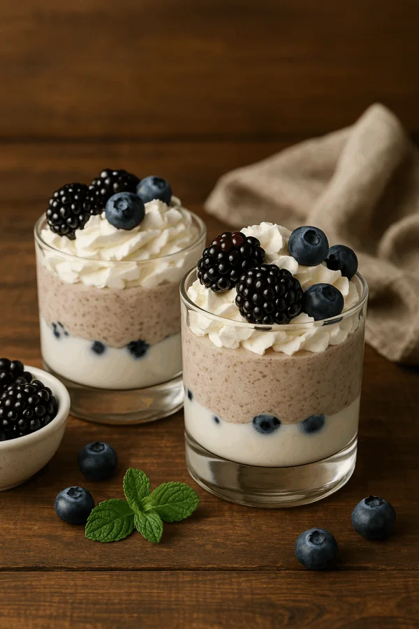 Bicchierino keto con ricotta, yogurt e frutti di bosco e cioccolato