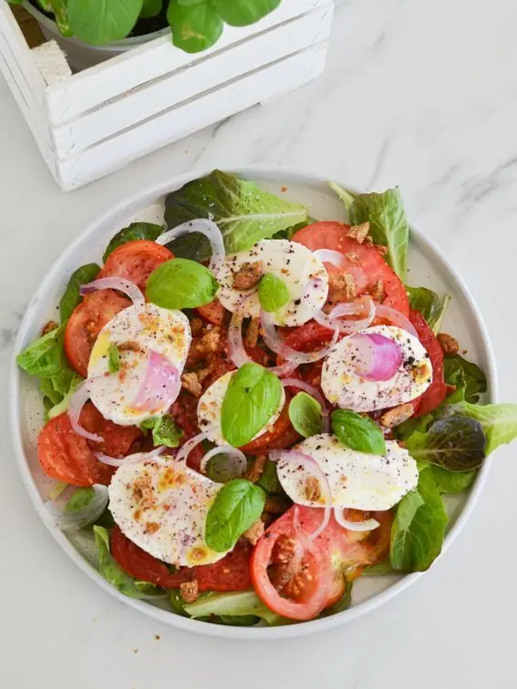Carpaccio di pomodori con misticanza e mozzarella