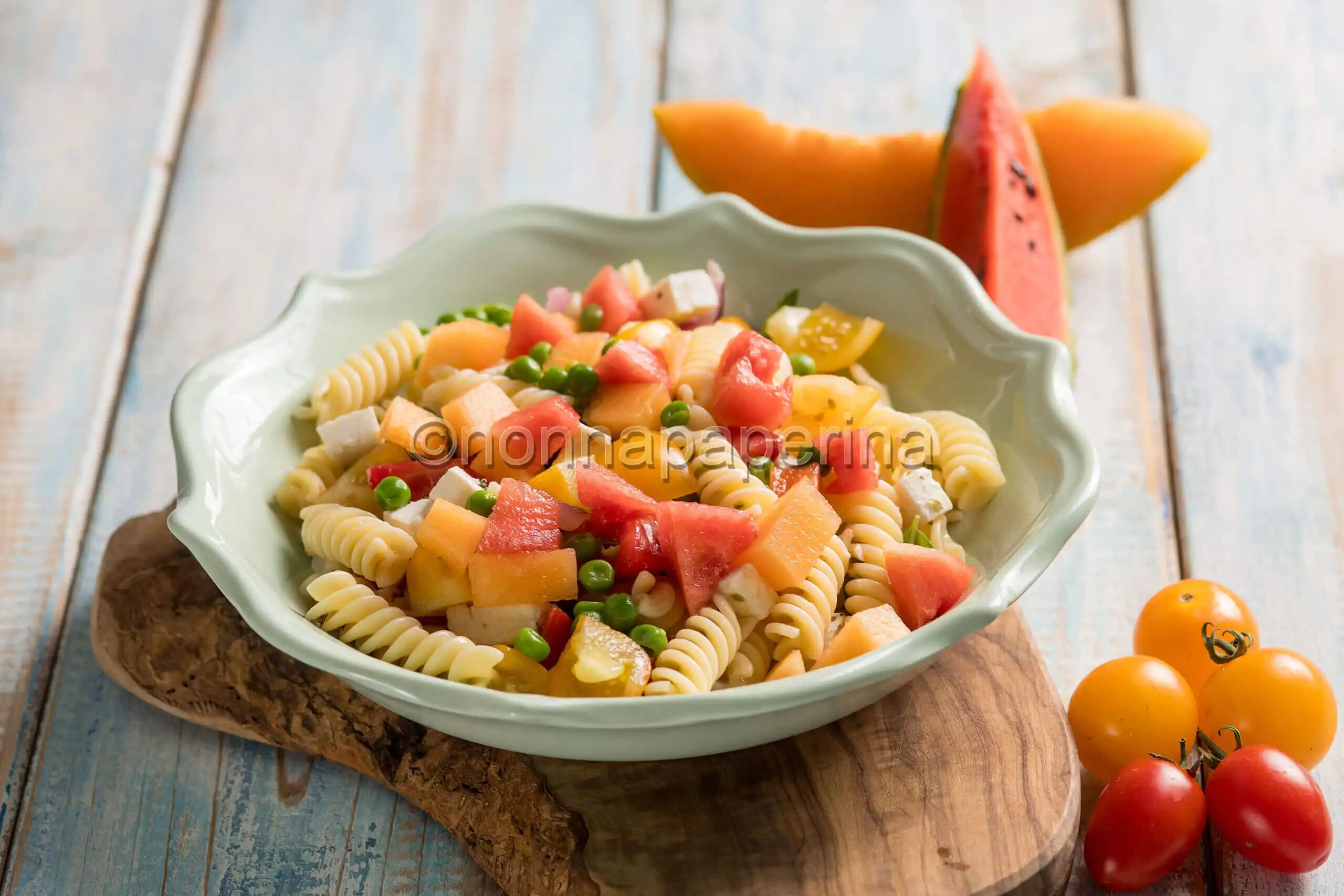 Pasta fredda con anguria e melone, un primo alla frutta