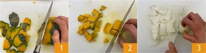 Fusilloni con crema di zucca, baccalà e olive