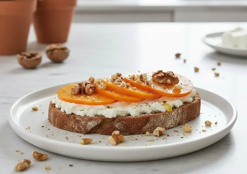 Pane di grani antichi con ricotta, cachi e noci croccanti