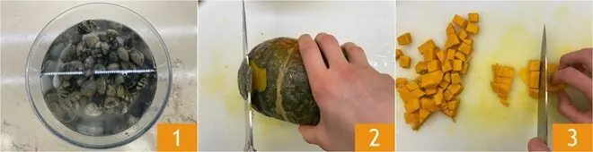 Pasta con vongole, zucca e funghi