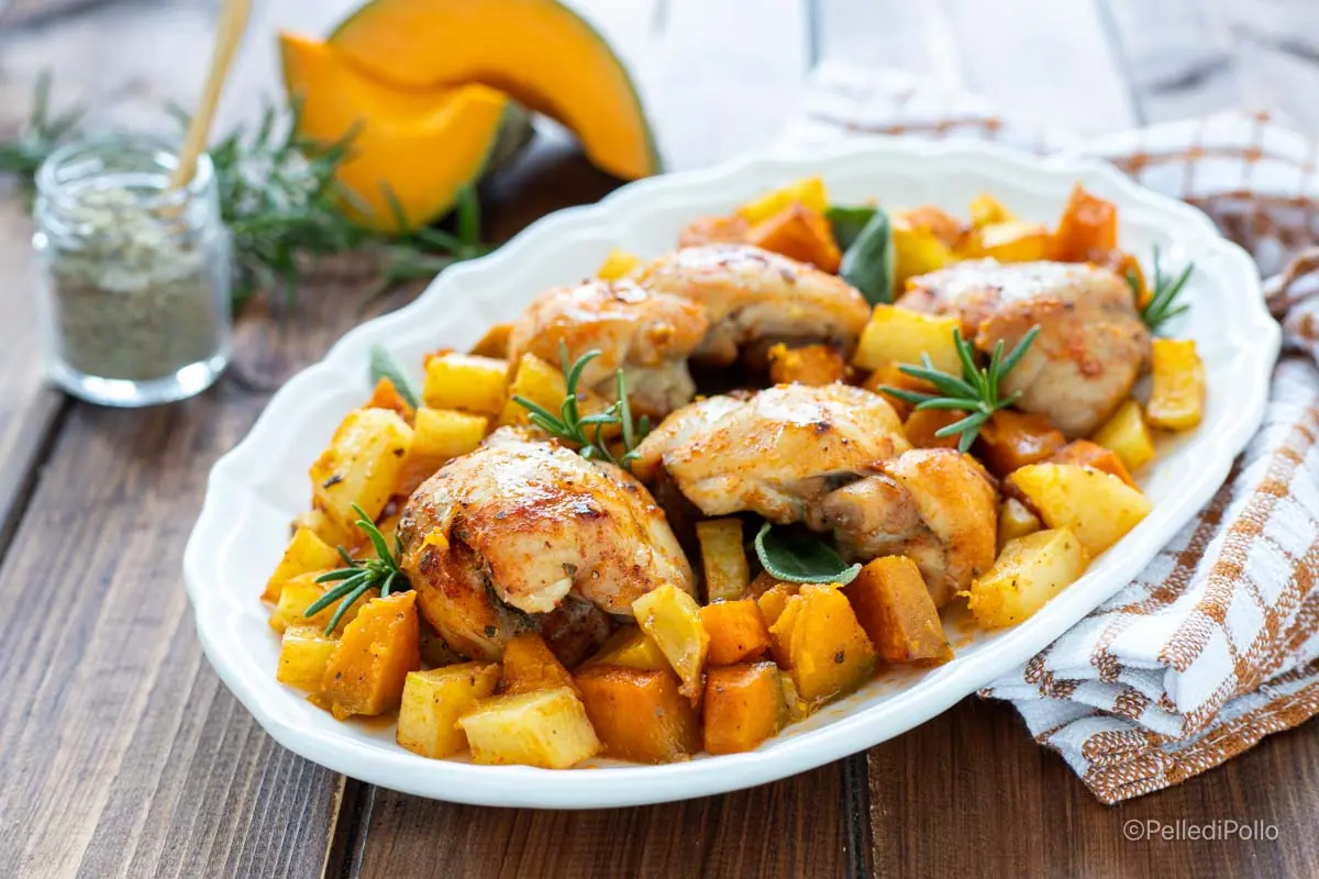 Pollo con zucca e patate al forno