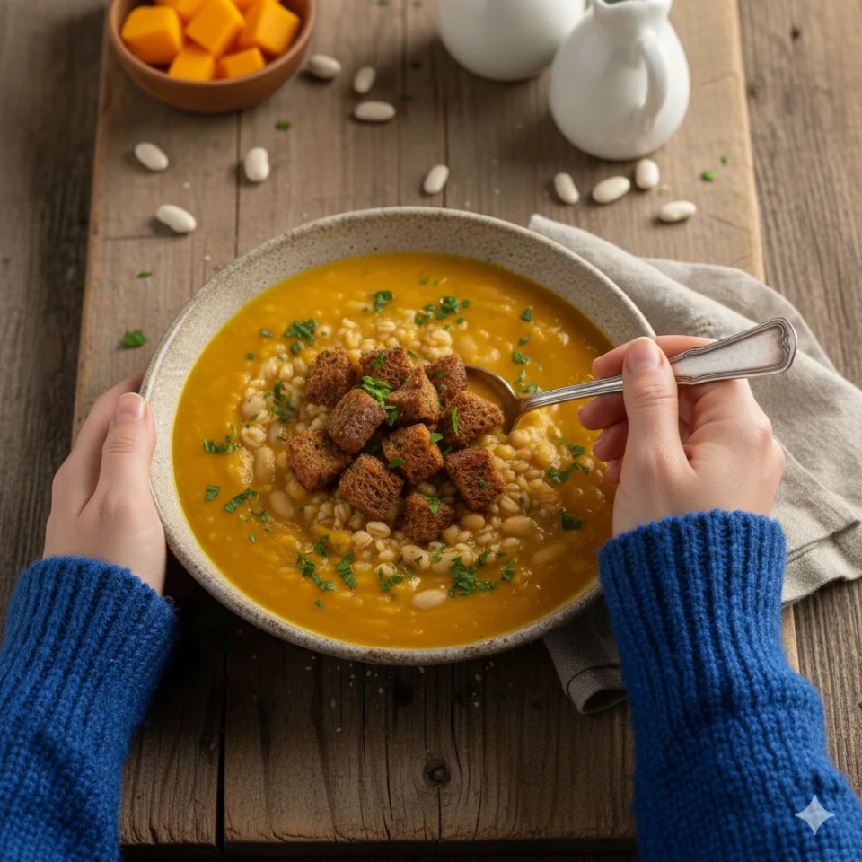 Zuppa di zucca, carote, farro e fagioli cannellini