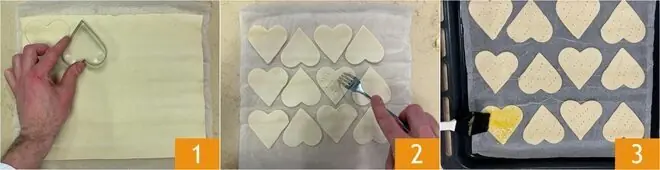 Cuoricini di pasta sfoglia con lamponi e crema alle nocciole